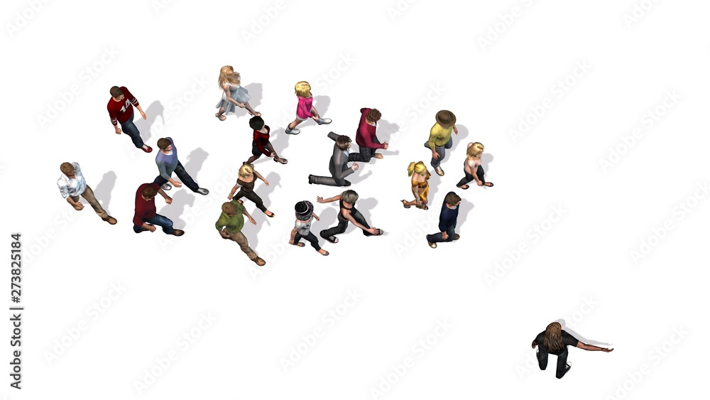People - a group of women and men following the direction of a man - top view - isolated on white background People - a group of women and men following the direction of a man - top view - isolated on white background