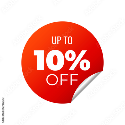 Red Vector Banner Sticker on white background, up to 10 percent off