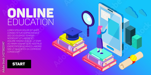 Isometric vector banner. Online education, learning, distant courses. School, college, unversity.