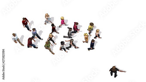 People - a group of women and men following the direction of a man - top view - isolated on white background