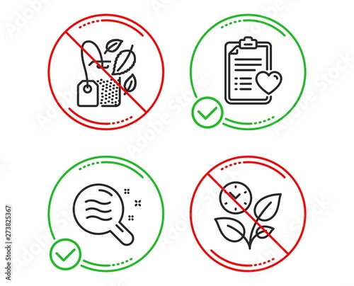 Do or Stop. Mint bag, Patient history and Skin condition icons simple set. Leaves sign. Mentha tea, Medical survey, Search magnifier. Grow plant. Healthcare set. Line mint bag do icon. Vector
