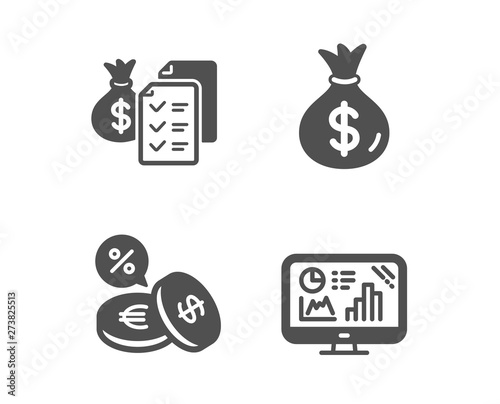 Set of Accounting wealth, Currency exchange and Money bag icons. Analytics graph sign. Audit report, Euro and usd, Usd currency. Growth report.  Classic design accounting wealth icon. Flat design