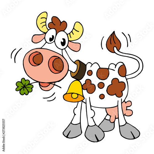 cute cow with brown spots, golden bell and four-leaf clover, color clipart isolated on white background