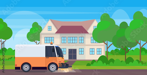 street sweeper truck machine cleaning process industrial vehicle urban road service concept modern townhouse building landscape background horizontal flat vector illustration
