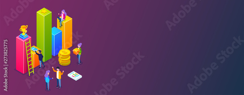 Business infographic or growth chart. small people build a business process. Discussion of plans for business development. Let to success. Vector isometric 3d illustration.