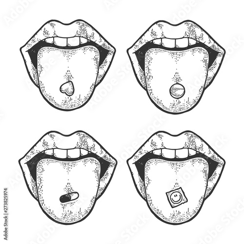 Tongue with drug narcotic pill and LSD stamp sketch engraving vector illustration. Scratch board style imitation. Black and white hand drawn image.