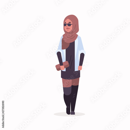 arabic woman in hijab arab girl wearing headscarf traditional clothes standing pose arabian female cartoon character with handbag full length flat