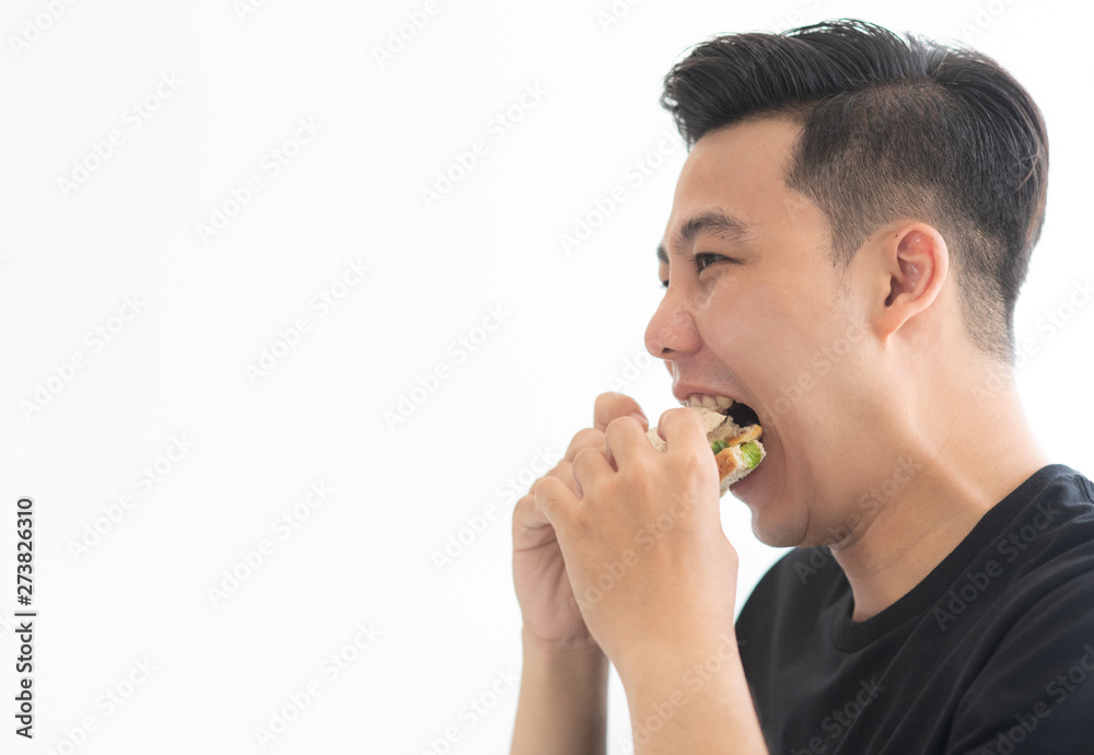 Young man in casual costume eating sandwich in white background Young man in casual costume eating sandwich in white background