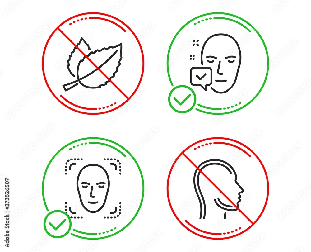 Do or Stop. Face accepted, Face detection and Mint leaves icons simple set. Head sign. Access granted, Detect person, Mentha herbal. Human profile. Medical set. Line face accepted do icon. Vector Do or Stop. Face accepted, Face detection and Mint leaves icons simple set. Head sign. Access granted, Detect person, Mentha herbal. Human profile. Medical set. Line face accepted do icon. Vector