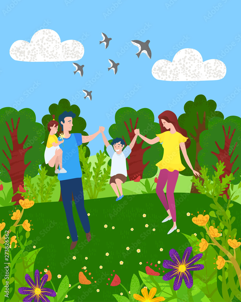 Family of four mother, father, son and daughter spend time together. Vector cartoon people having fun at summertime. Dad and mom, young boy and girl, green scenery