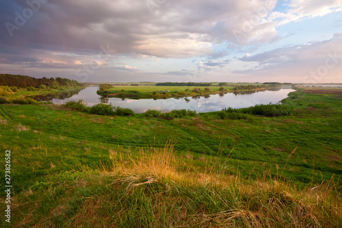 summer landscape on the banks of the green river at sunset  Russia