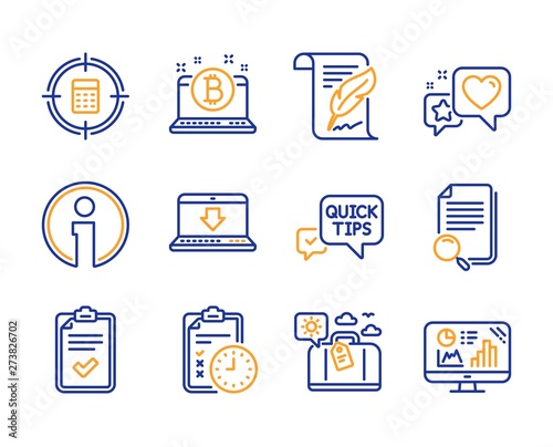 Search file, Exam time and Travel luggage icons simple set. Feather, Info and Internet downloading signs. Calculator target, Quick tips and Bitcoin symbols. Line search file icon. Colorful set