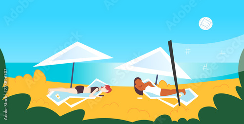 couple bikini woman sunbathing girls in swimsuit lying on sun lounger under umbrella summer vacation concept sea beach seaside background female characters full length flat horizontal