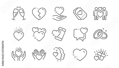 Love line icons. Gift box, Heart and Romantic letter. Wedding rings, glasses with champagne, love heart icons. Linear set. Vector