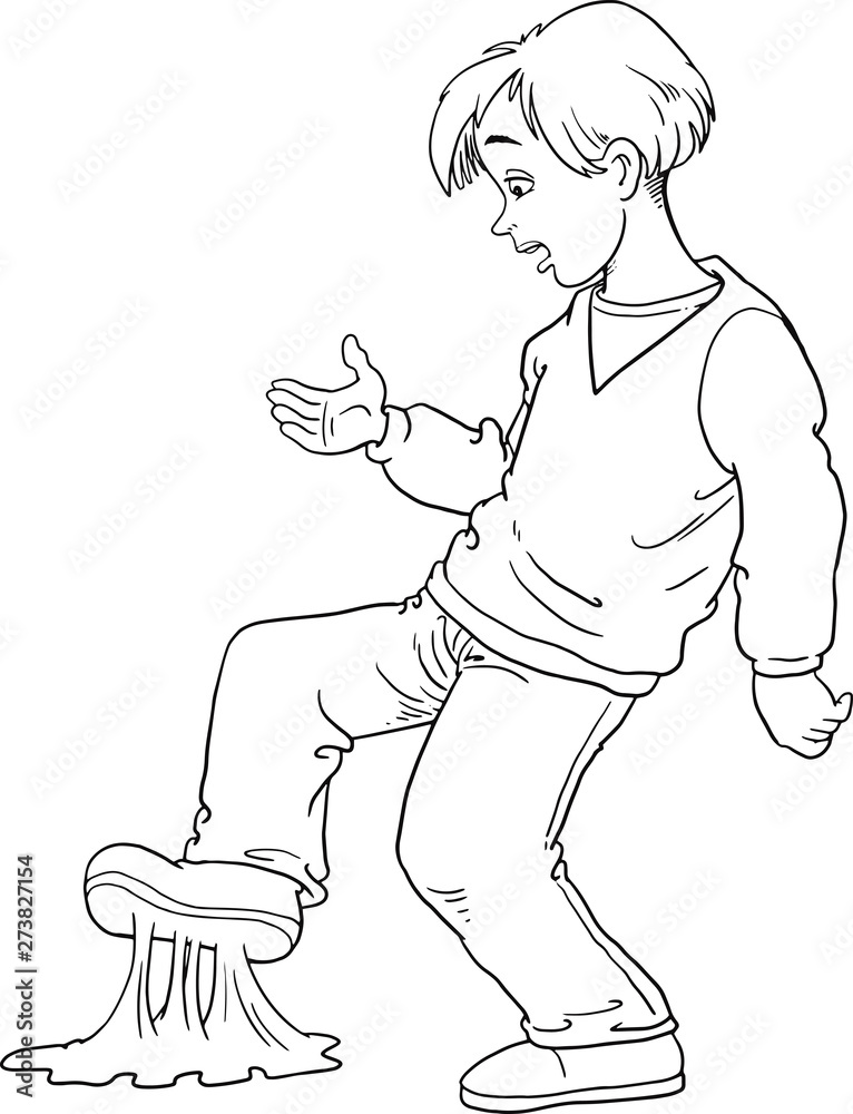 Fototapeta premium cartoon boy that has just stepped on sticky bubblegum