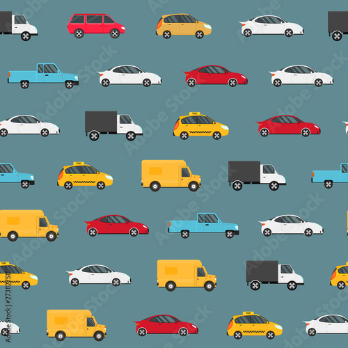 Cartoon Color Modern Car Seamless Pattern Background. Vector