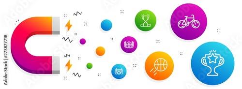 Magnet attracting. Bicycle, Laureate medal and Winner podium icons simple set. Basketball, Laureate award and Victory signs. Bike, Laurel wreath. Sports set. Line bicycle icon. Editable stroke. Vector