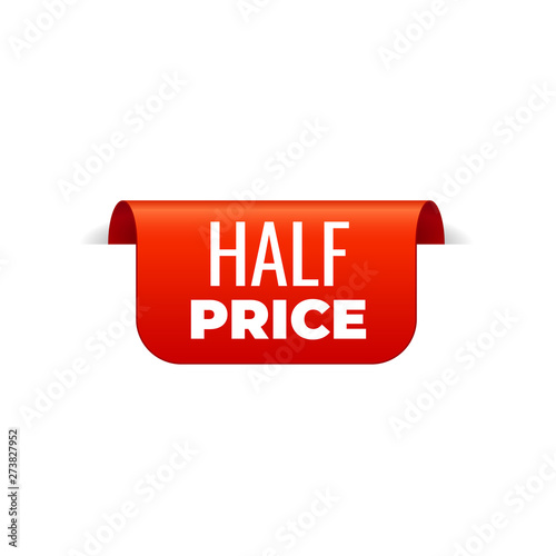Red Vector Banner Ribbon on white background, top bookmark, half price