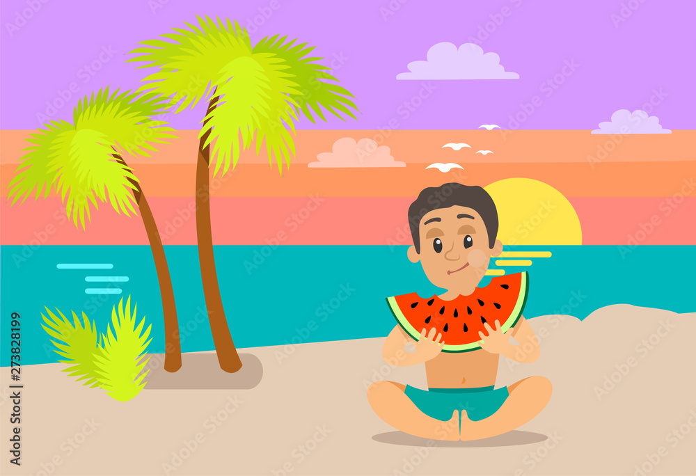 Boy eating watermelon on beach, teenager with full cheeks holding slice of summer fruit, sitting teenager in blue shorts, vector cartoon character at sunset