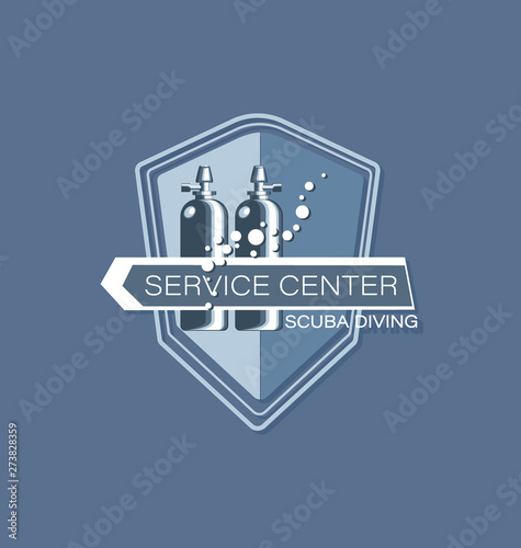 Diving cylinders with ribbon. Scuba diving. Service center. Emblem on a gray background. The concept of sports diving.