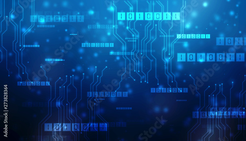 Bytes of binary code run through network. Abstract futuristic cyberspace. Modern Technology background © blackboard