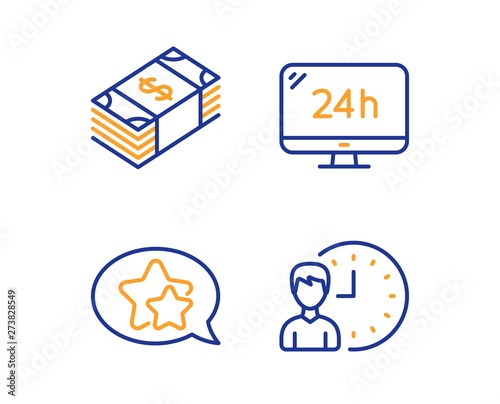 Usd currency, Star and 24h service icons simple set. Working hours sign. Buying commerce, Favorite, Call support. Project deadline. Linear usd currency icon. Colorful design set. Vector