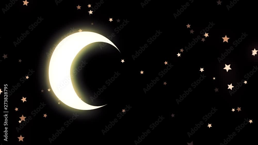 Golden glowing crescent and many stars on black background, night sky ...