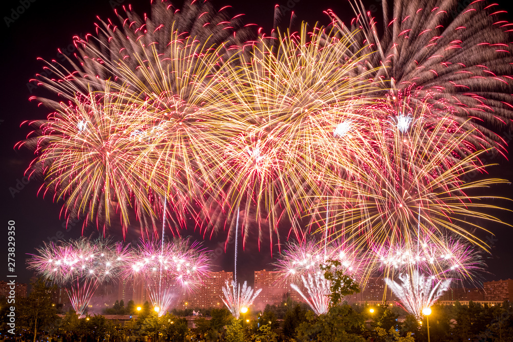 Fototapeta premium Red Yellow Fireworks light up the sky