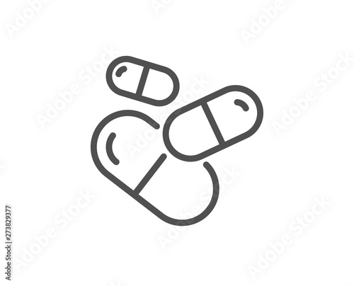 Capsule pill line icon. Medical drugs sign. Pharmacy medication symbol. Quality design element. Linear style capsule pill icon. Editable stroke. Vector