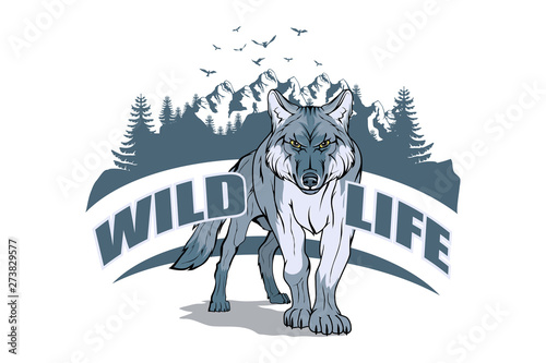 typography slogan wild life with wolf illustration, used for printing on t shirt, vector graphics to design