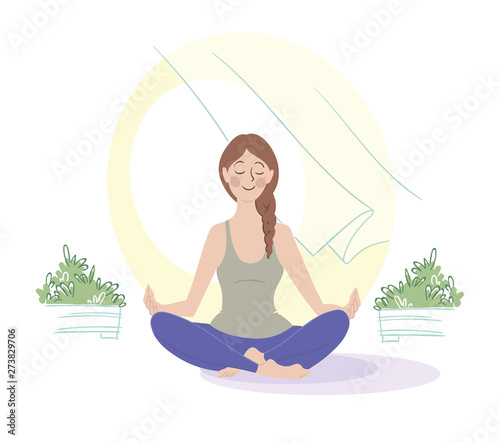 Morning meditation. Girl meditating by the open window. Vector illustration