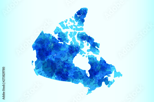 Canada watercolor map vector illustration in blue color on light background using paint brush on paper