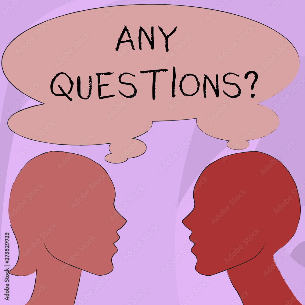 Text sign showing Any Questions Question. Business photo showcasing you say write order to ask demonstrating about something Silhouette Sideview Profile Image of Man and Woman with Shared Thought