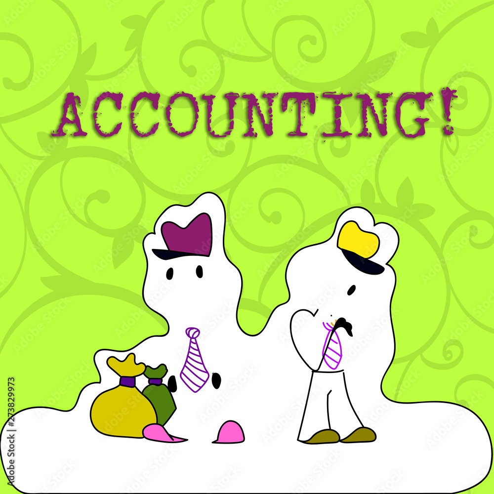Conceptual hand writing showing Accounting. Concept meaning Account inner voice motivate yourself Figure of Two Men Standing with Pouch Bag White Snow Effect Conceptual hand writing showing Accounting. Concept meaning Account inner voice motivate yourself Figure of Two Men Standing with Pouch Bag White Snow Effect