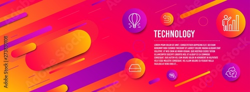 Header banner. Graph chart, Undo and Air balloon icons simple set. Mini pc, Quick tips and Recycle signs. Growth report, Left turn. Technology set. Line graph chart icon. Gradient elements. Vector