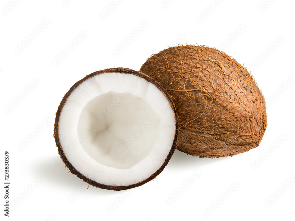 Two fresh coconuts on a white background