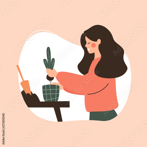 young woman transplants bulbous plants into a pot. Green vector concept Of home plant care