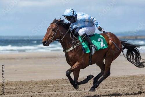 Racehorse and jockey, galloping on the beach,Horse racing action on the beach