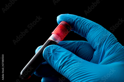 Blood analysis, clinical or medical testing and phlebotomy concept theme with close up on doctor hand wearing blue latex gloves and holding a test tube isolated on black background photo