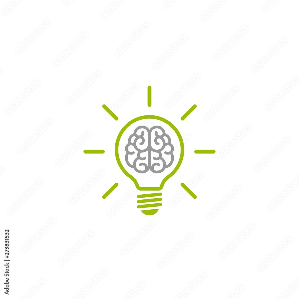 Green bulb with brain and rays flat icon. Isolated on white. New business idea. smart, clever, creative Green bulb with brain and rays flat icon. Isolated on white. New business idea. smart, clever, creative