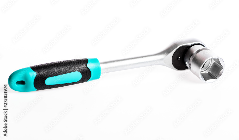 Knob for socket wrench nut ratchet close up white background. Ratchet wrench. Ratchet tool. Steel chrome plated highly polished durable for long time use. Useful tools concept. Auto repair shops Knob for socket wrench nut ratchet close up white background. Ratchet wrench. Ratchet tool. Steel chrome plated highly polished durable for long time use. Useful tools concept. Auto repair shops