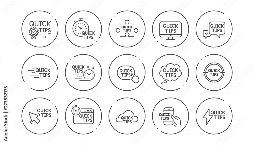 Quick tips line icons. Helpful tricks, Solution and Quickstart guide. Tutorial linear icon set. Line buttons with icon. Editable stroke. Vector