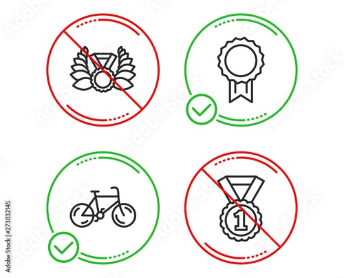 Do or Stop. Bicycle, Reward and Laureate medal icons simple set. Best rank sign. Bike, Best medal, Laurel wreath. Sports set. Line bicycle do icon. Prohibited ban stop. Good or bad. Vector