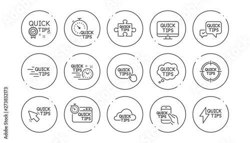 Quick tips line icons. Helpful tricks  Solution and Quickstart guide. Tutorial linear icon set. Line buttons with icon. Editable stroke. Vector