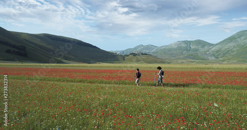 Aerial view flying above two people couple hiking or nordic walking outdoor on a trail path near flower fields in Castelluccio di Norcia.Approaching forward. Friends italian trip in Umbria.4k drone