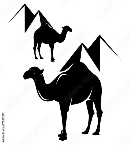 arabian dromedary camel with egyptian pyramids - black and white tourism vector emblem
