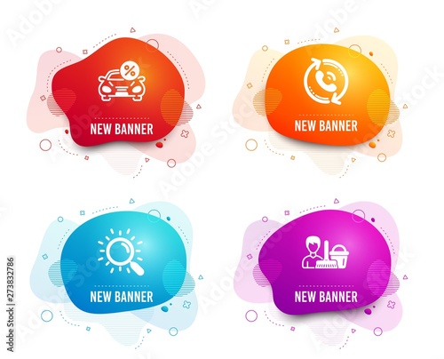 Liquid badges. Set of Search, Car leasing and Call center icons. Cleaning service sign. Find document, Transport discount, Recall. Bucket with mop.  Gradient search icon. Flyer fluid design. Vector