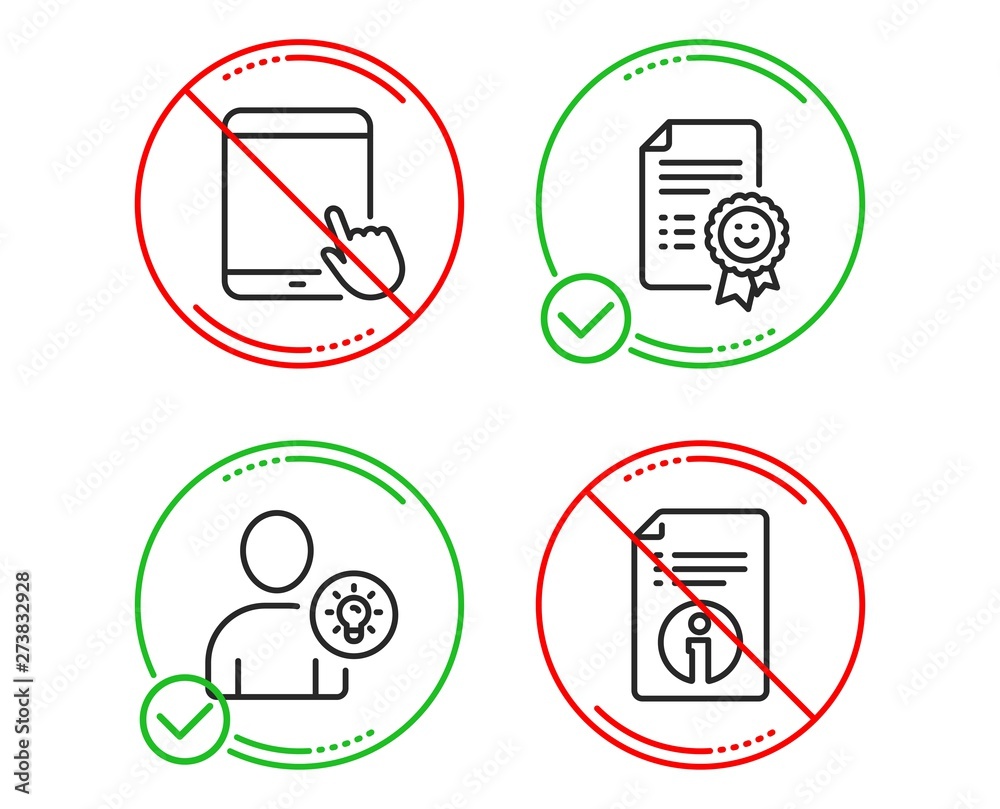 Do or Stop. Tablet pc, Smile and User idea icons simple set. Technical info sign. Touchscreen gadget, Certificate, Light bulb. Documentation. Technology set. Line tablet pc do icon. Vector Do or Stop. Tablet pc, Smile and User idea icons simple set. Technical info sign. Touchscreen gadget, Certificate, Light bulb. Documentation. Technology set. Line tablet pc do icon. Vector