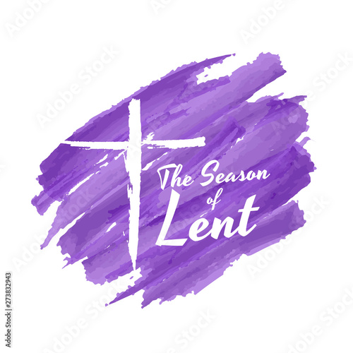 The season of lent banner with white crucifix on purple background Paint brush style vector design