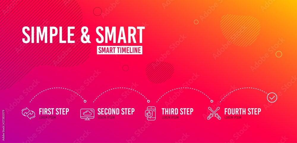 Infographic timeline. Refresh, Cloud storage and Mobile like icons simple set. Screwdriverl sign. Rotation, Computer, Phone thumbs up. Repair tool. Technology set. 4 steps layout. Vector